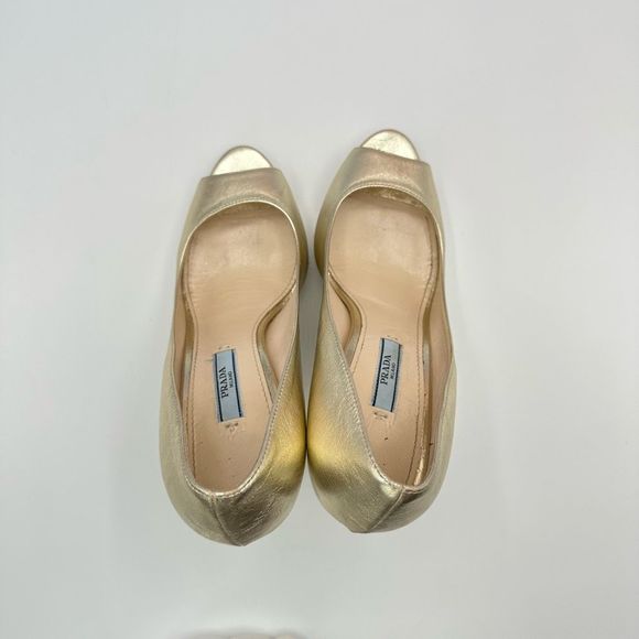 Prada Gold Platform Peep Toe Pump Heels Size 37.5 w/ Original Box Retail $720 - Picture 6 of 11